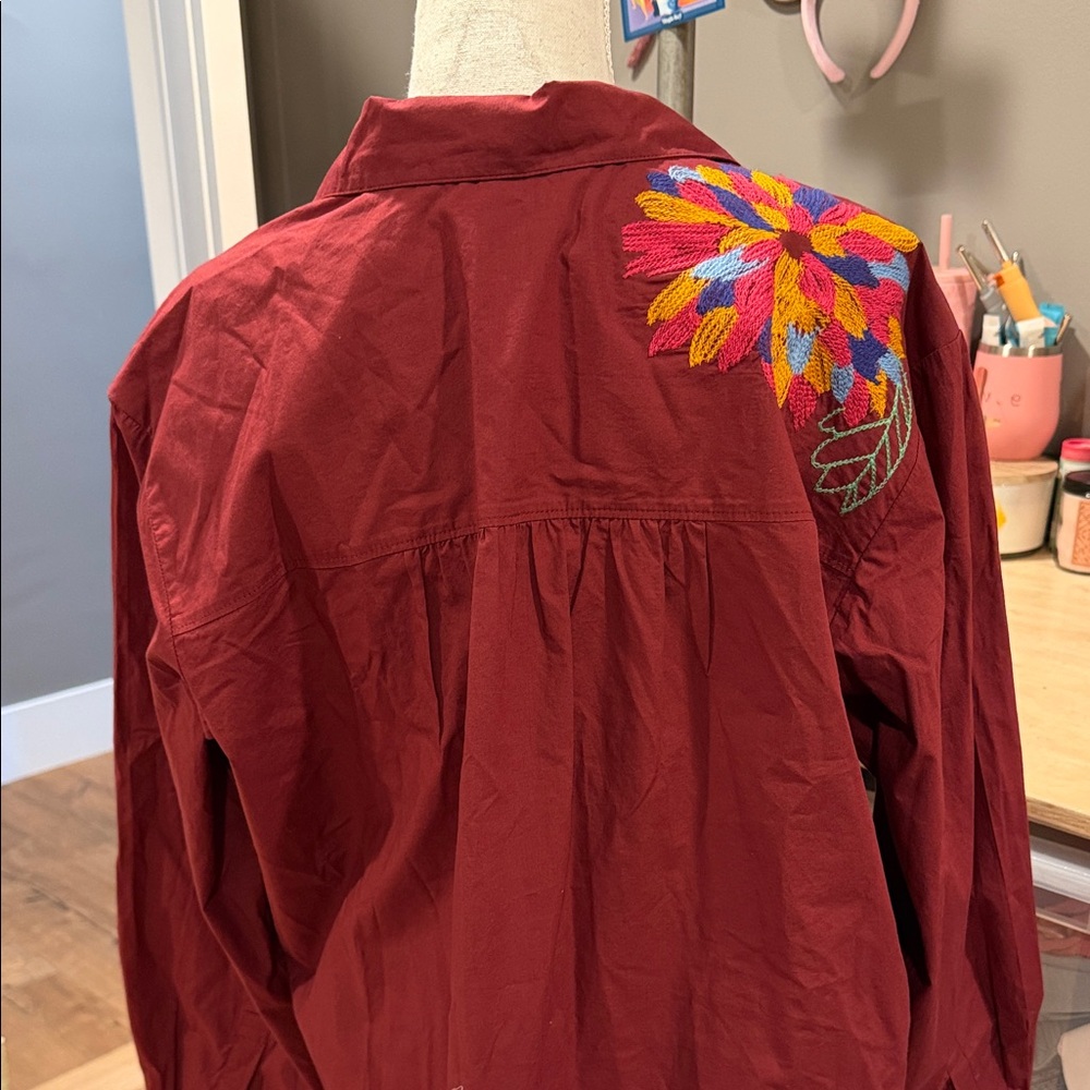 Anthropologie‎ Maeve Burgundy Floral Embroidered Blouse 14 - Picture 4 of 10
